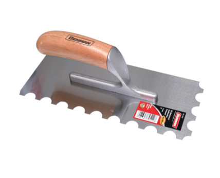 70512 - szögletes hornyolt ragasztó-vakolókanál, fa markolat, 120x280, U-formájú fog