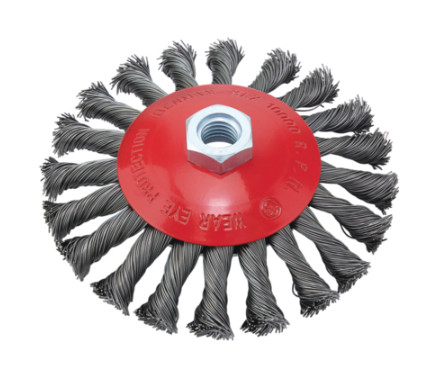74316 - csavart drótos kónuszos drótkefe tárcsa, 05mm drót, menet M14*2.82, O 125