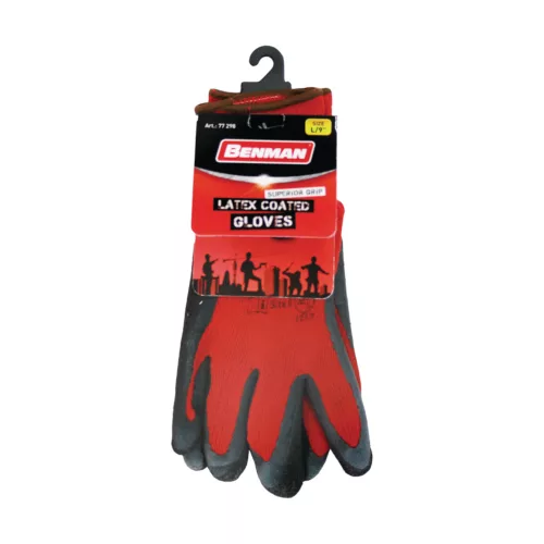 77297 - 8''/M piros poliészter kesztyű kötött bélés, fekete latex tenyér,